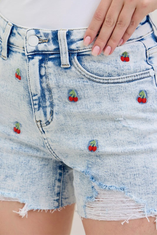 Cherry Embroidery Acid Wash Shorts