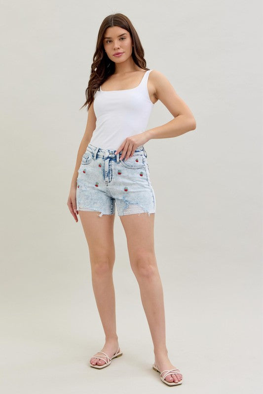 Cherry Embroidery Acid Wash Shorts