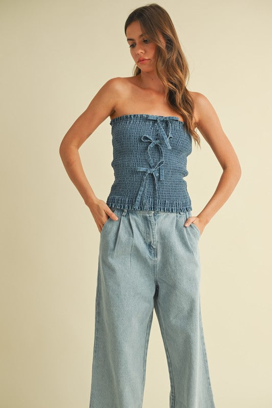 Denim Smocked Strapless Top