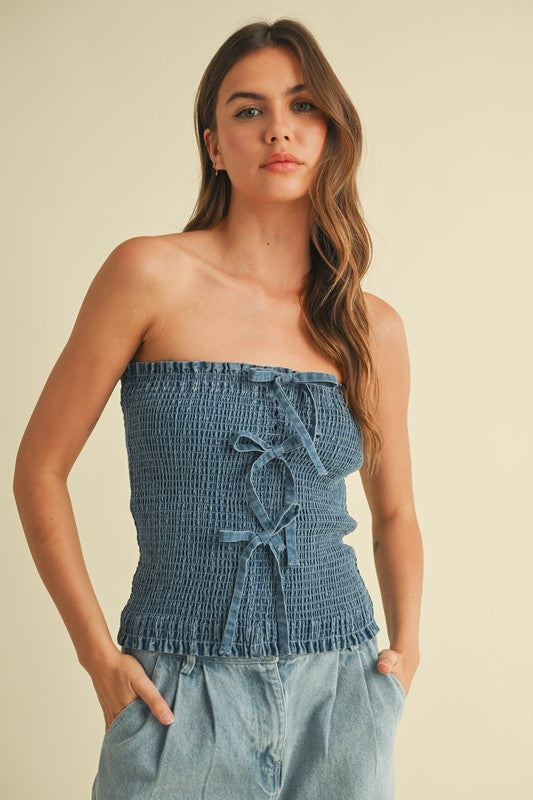 Denim Smocked Strapless Top