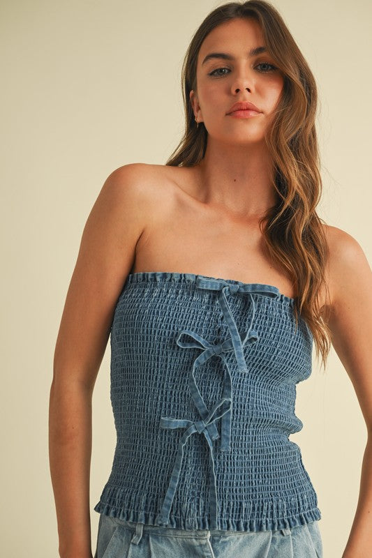 Denim Smocked Strapless Top