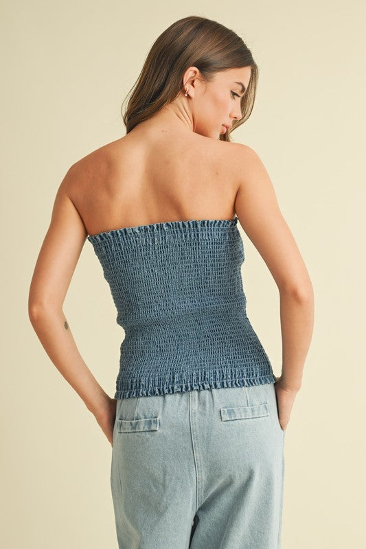 Denim Smocked Strapless Top