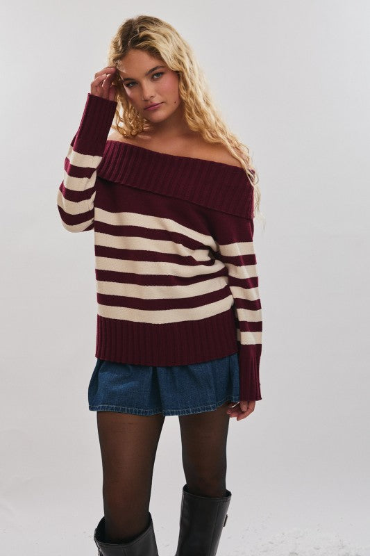 Off Shoulder Stripe Oversized Sweater Top