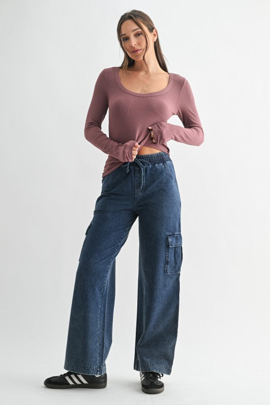 Scoop Neck Micro-ribbed Long Sleeve Top