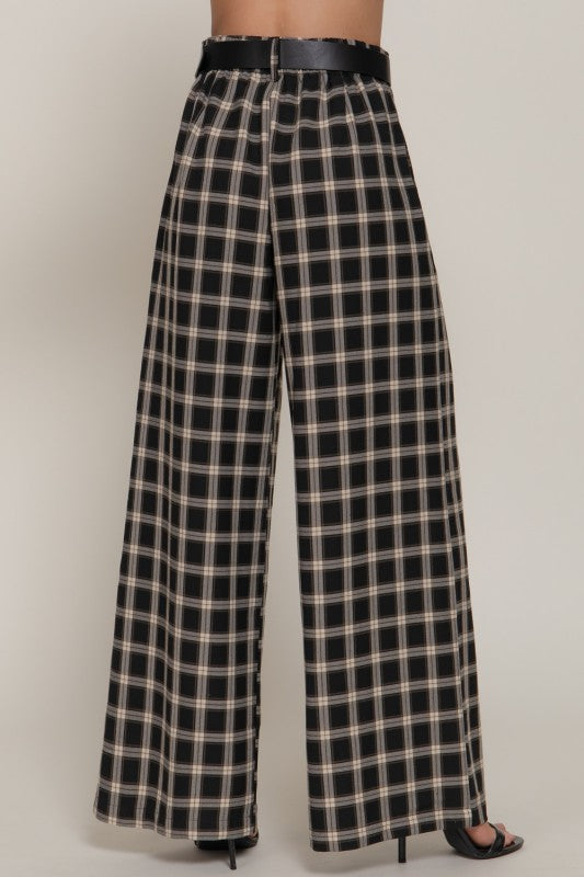 Belted Plaid Wide Long Pants