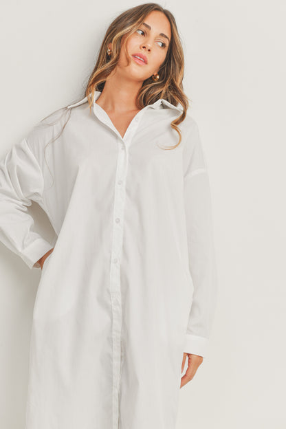 Long Sleeve Collared Button Down Pocket Dress