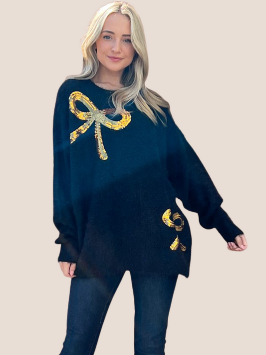 Sequin Bow Fuzzy Pullover Sweater