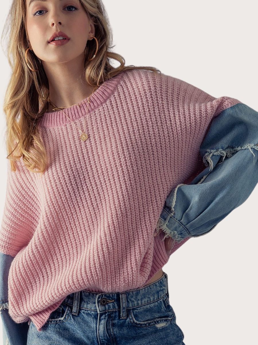 Denim Sleeve Knit Sweater