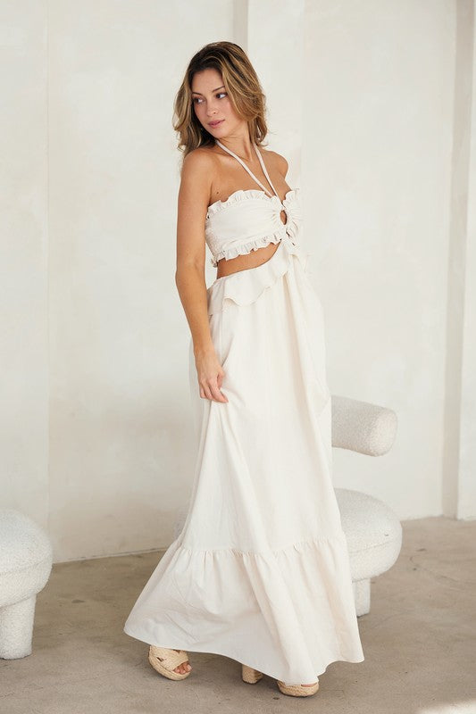 Cut-out Ruffled Maxi Halter Dress