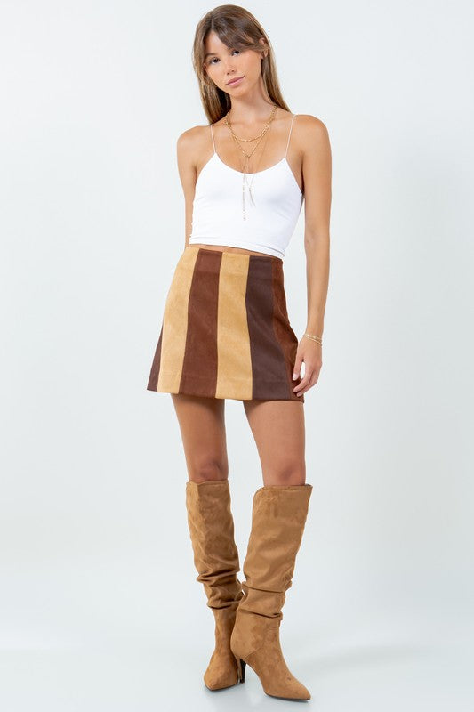 Brown Combo Suede Mini Skirt