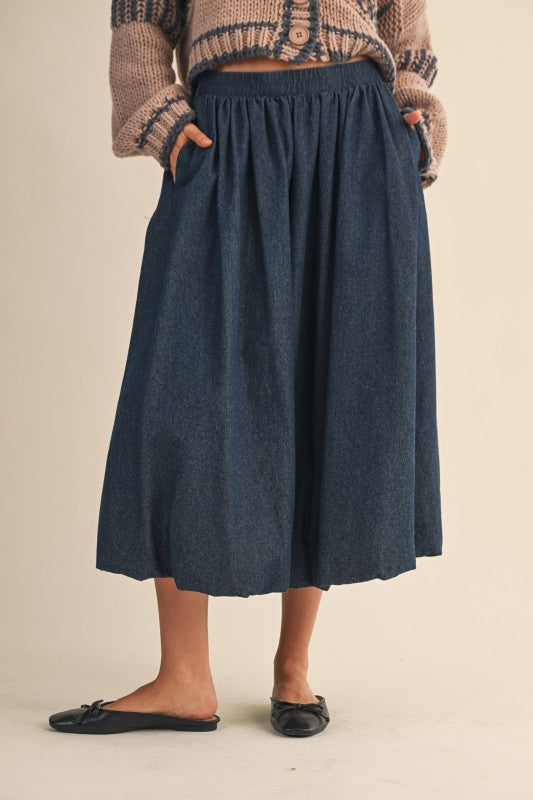 Denim Balloon Midi Skirt