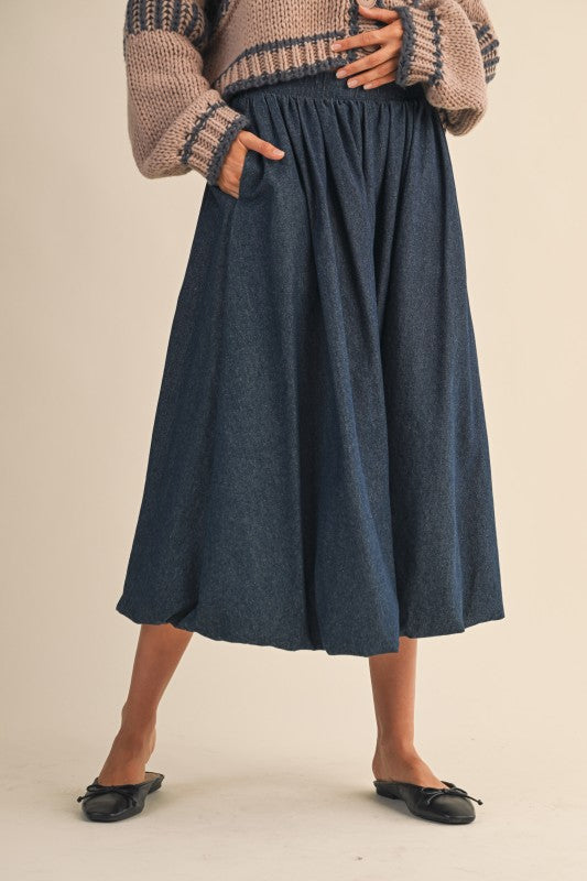 Denim Balloon Midi Skirt