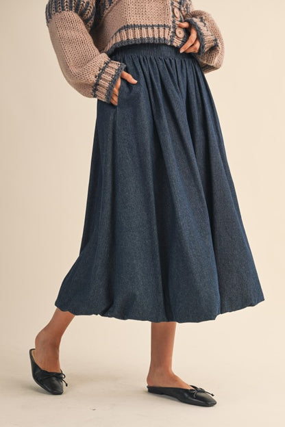 Denim Balloon Midi Skirt