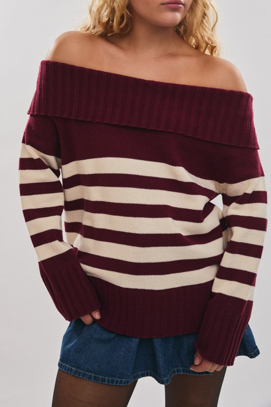 Off Shoulder Stripe Oversized Sweater Top