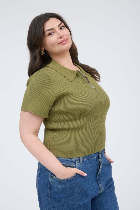 Collared Half Zip Short Sleeve Knit Crop Top