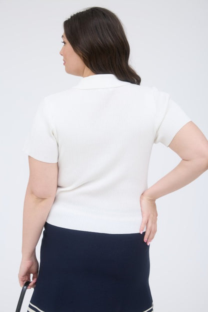 Collared Half Zip Short Sleeve Knit Crop Top