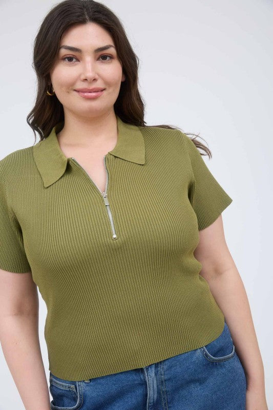 Collared Half Zip Short Sleeve Knit Crop Top