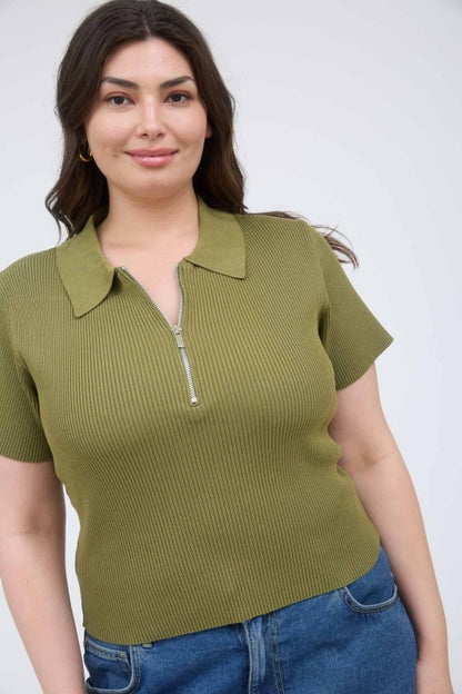 Collared Half Zip Short Sleeve Knit Crop Top