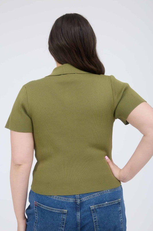 Collared Half Zip Short Sleeve Knit Crop Top