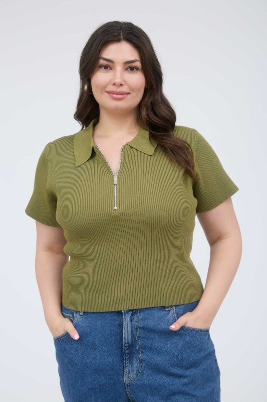 Collared Half Zip Short Sleeve Knit Crop Top