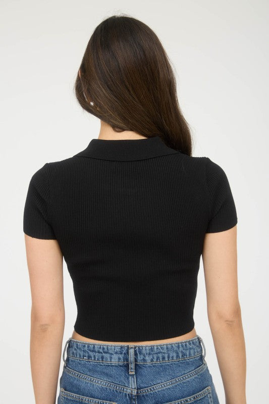 Collared Half Zip Short Sleeve Knit Crop Top