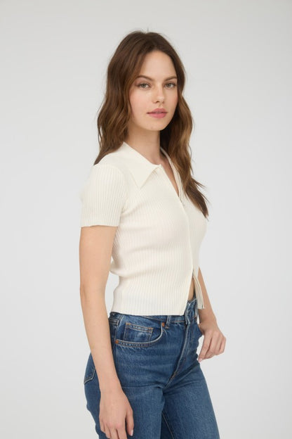 Collared Short Sleeves Sweater Knit Zip-up Top