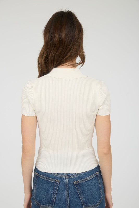 Collared Short Sleeves Sweater Knit Zip-up Top