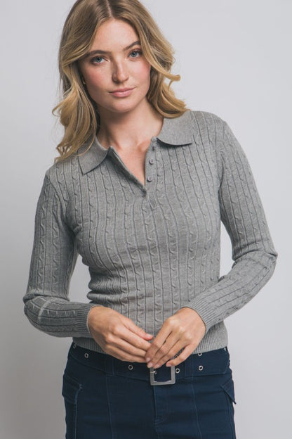 Cable Knit Polo Sweater Top