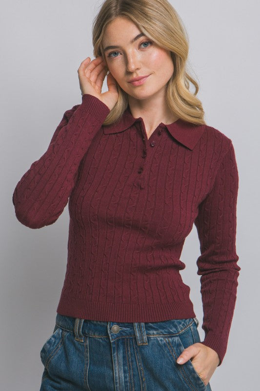 Cable Knit Polo Sweater Top