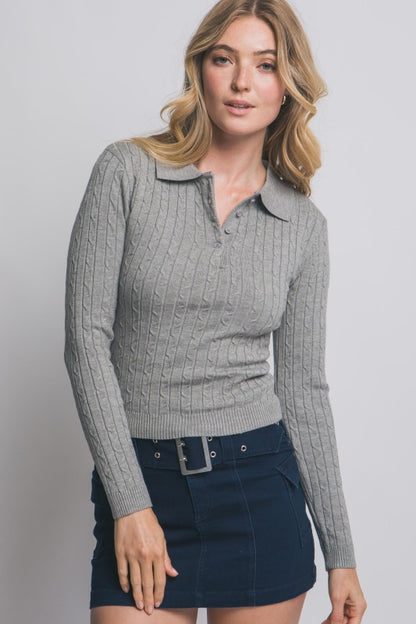 Cable Knit Polo Sweater Top