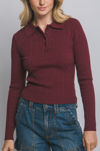 Cable Knit Polo Sweater Top