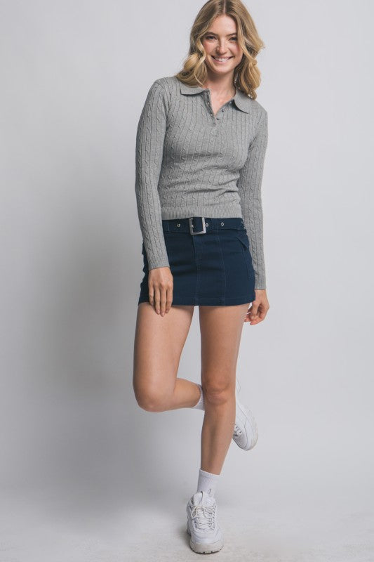 Cable Knit Polo Sweater Top