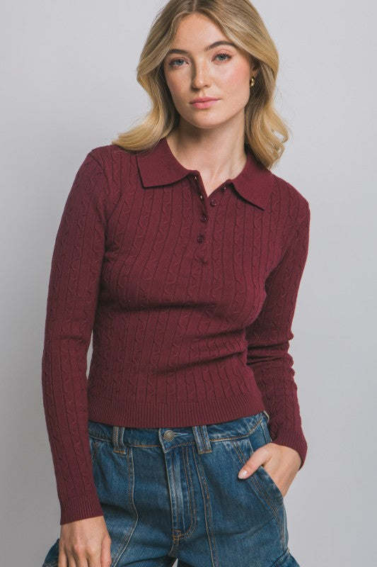Cable Knit Polo Sweater Top
