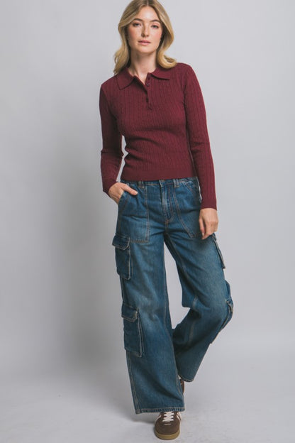 Cable Knit Polo Sweater Top