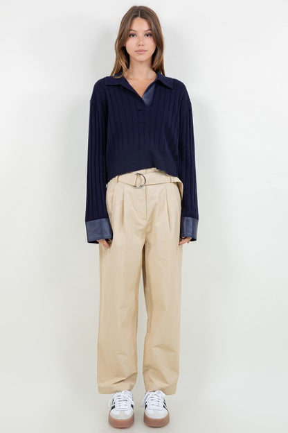 Faux Leather Knitted Long Sleeve Sweater