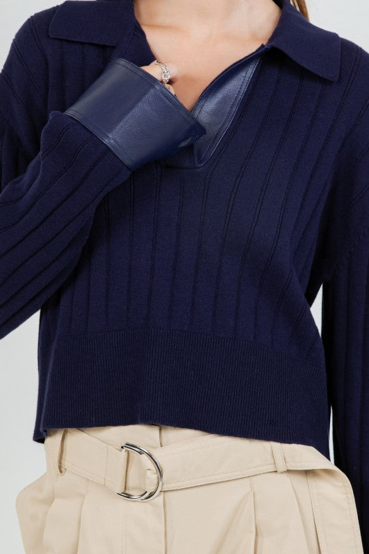 Faux Leather Knitted Long Sleeve Sweater