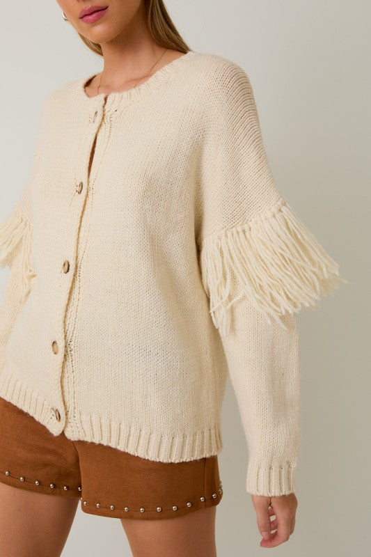 Round Neck Long Sleeve Fringe Cardigan