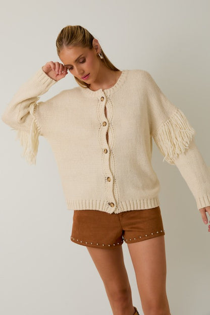 Round Neck Long Sleeve Fringe Cardigan