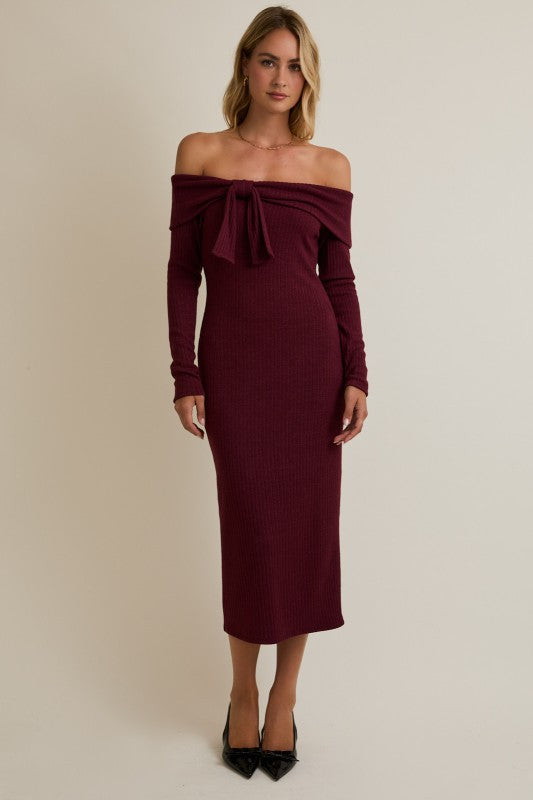 Off Shoulder Front Bow Detail Midi Dress
