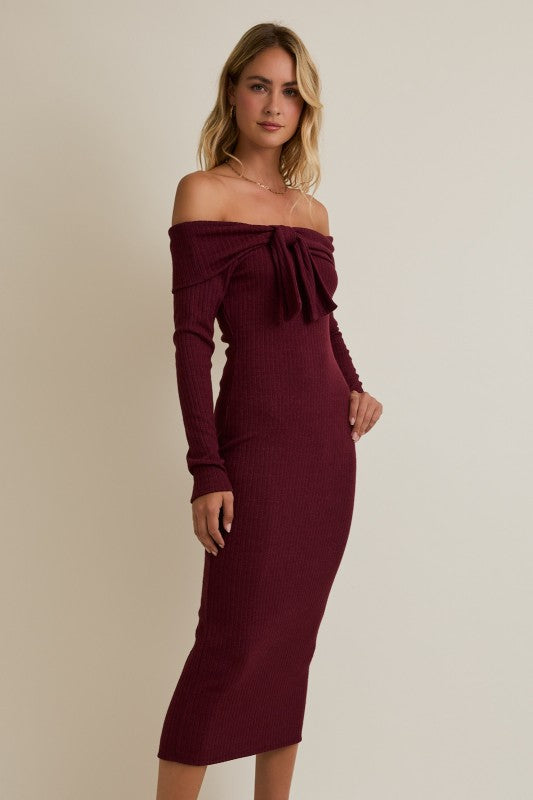 Off Shoulder Front Bow Detail Midi Dress