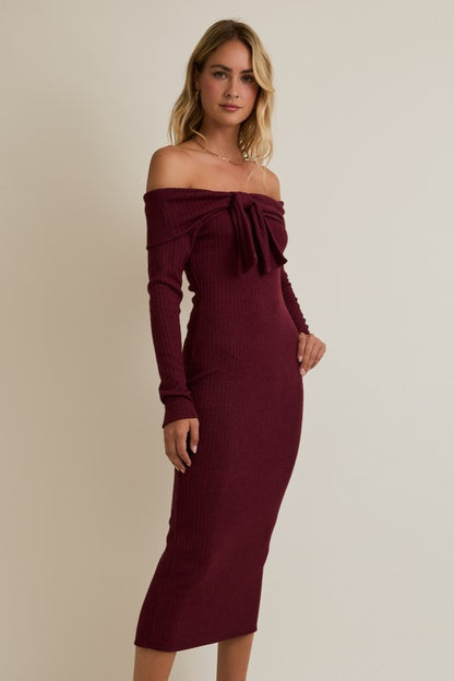 Off Shoulder Front Bow Detail Midi Dress