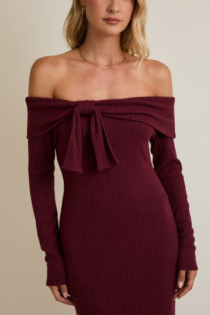 Off Shoulder Front Bow Detail Midi Dress