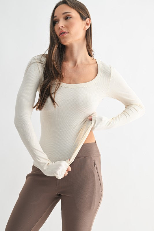 Scoop Neck Micro-ribbed Long Sleeve Top