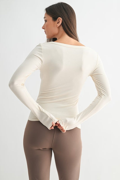 Scoop Neck Micro-ribbed Long Sleeve Top