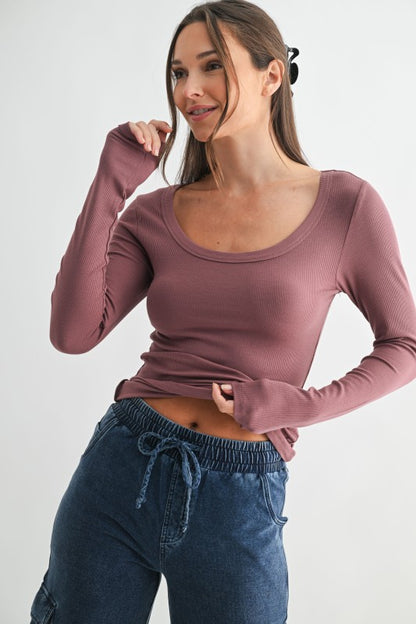 Scoop Neck Micro-ribbed Long Sleeve Top