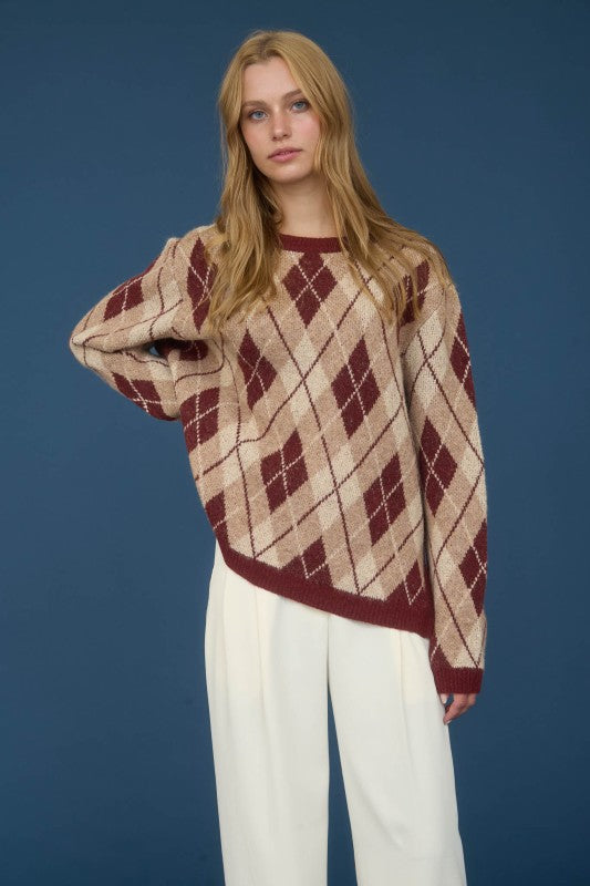 Argyle Pattern Crew Neck Sweater