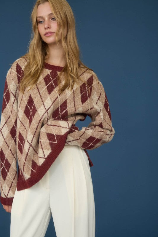 Argyle Pattern Crew Neck Sweater