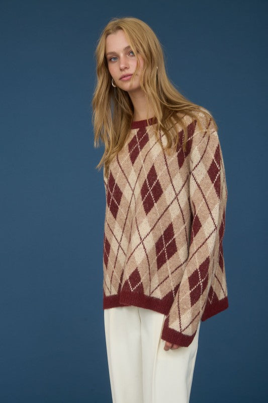 Argyle Pattern Crew Neck Sweater