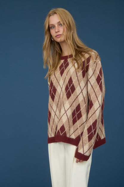 Argyle Pattern Crew Neck Sweater