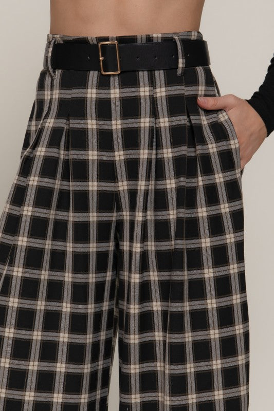 Belted Plaid Wide Long Pants